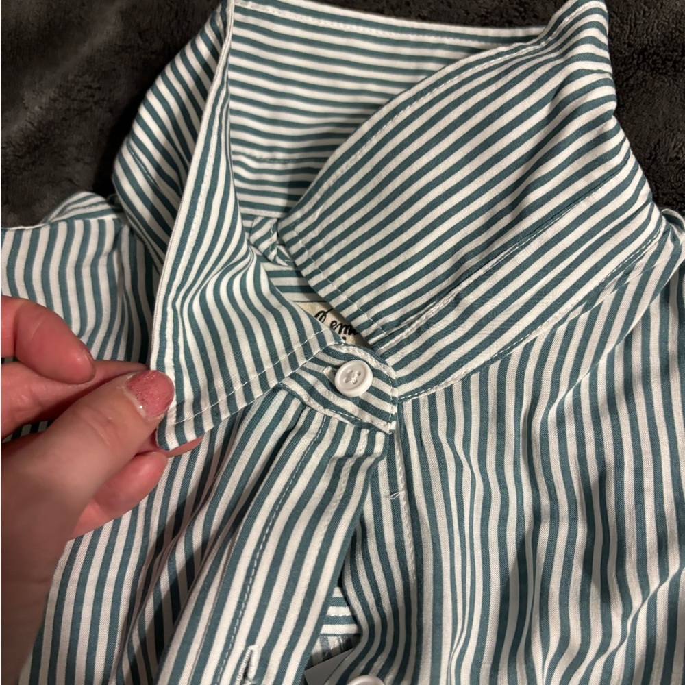 Casual Green and White Striped Women's Button Down Shirt - Picture 4 of 8